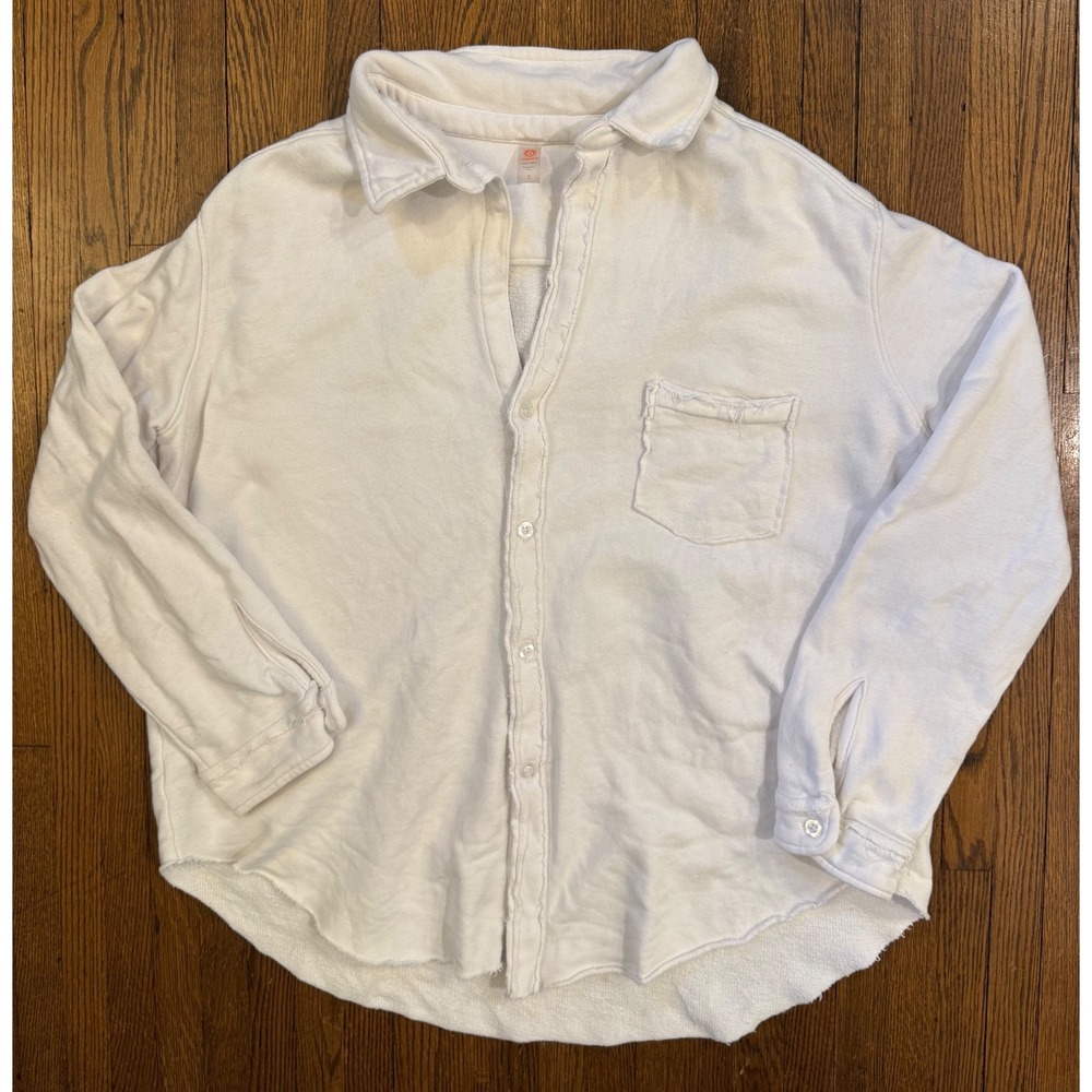 Mono B White French Terry Button Down Shirt Shacket Raw Hem KT11315 Small